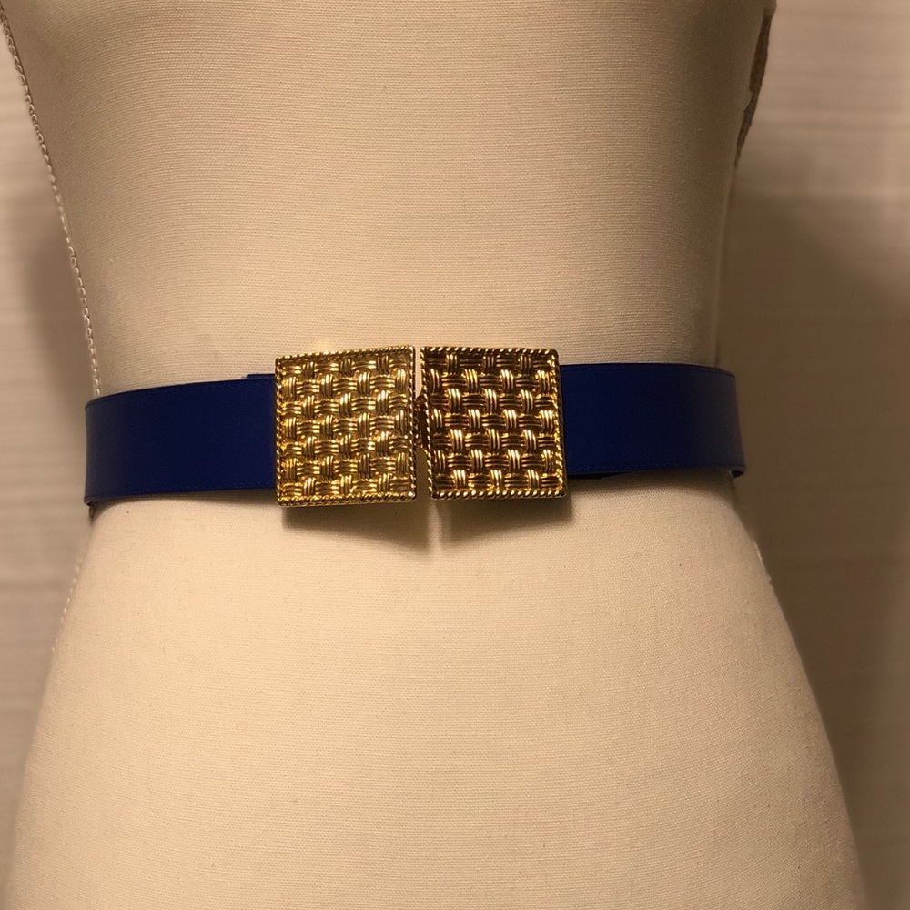 90’s Vintage Royal Blue Genuine Leather Belt w/ Double Gold Quilted Buckle